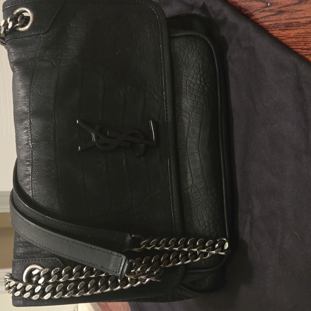 Saint Laurent Black Croc Embossed Nubuck Medium Niki Bag - Picture 10 of 11